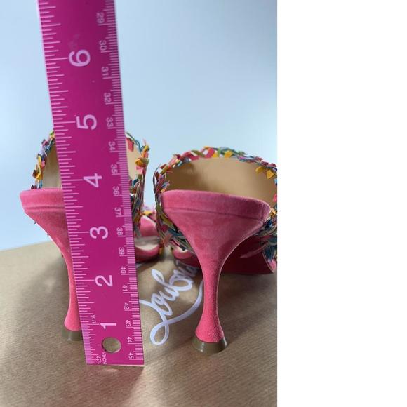 Meroine Pink Rainbow Woven 85mm raffia fringe heels mules D974 - Picture 6 of 11